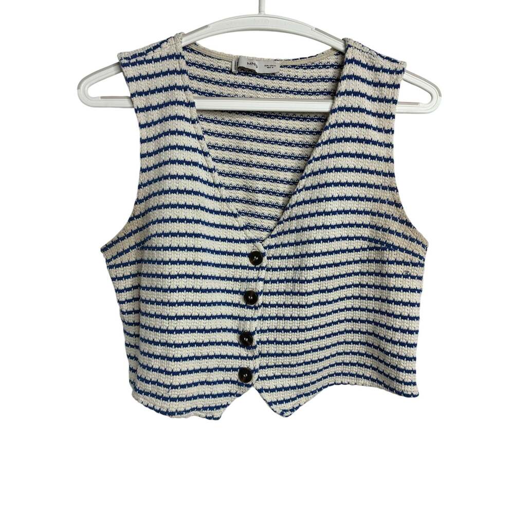 MNG Women's Blue White Striped Sweater Vest MED Nautical Preppy Vacation